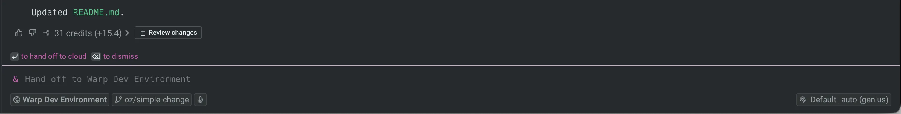 The ampersand entry point for handoff in a local Warp Agent conversation.